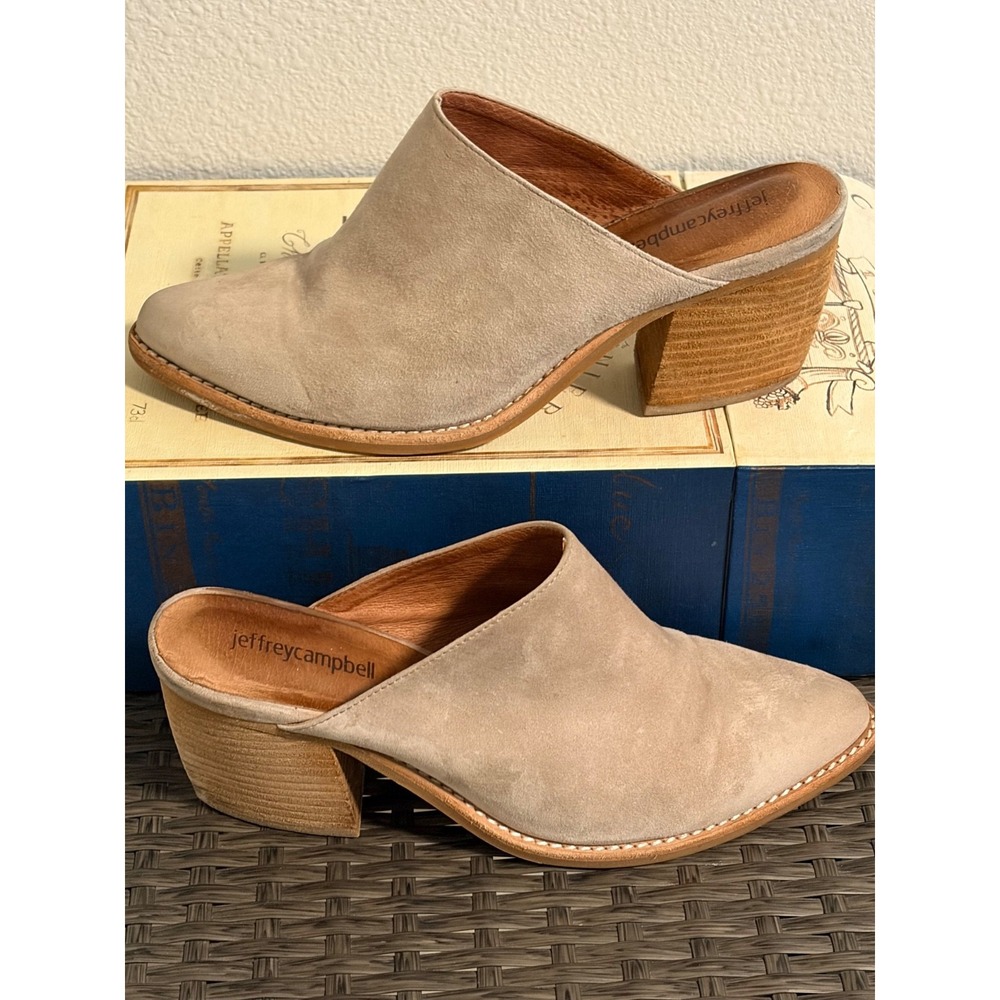 Jeffrey Campbell FAYELA-2 Beige Suede Mules Booties~US 7.5M~3" Block‎ Heels Luxe